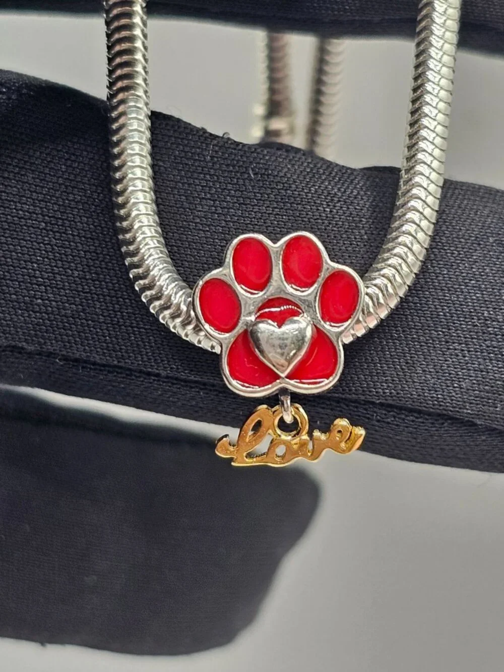 Sterling Silver 925 Rhodium Plated Red Paw with Heart and Dangling Love Charm